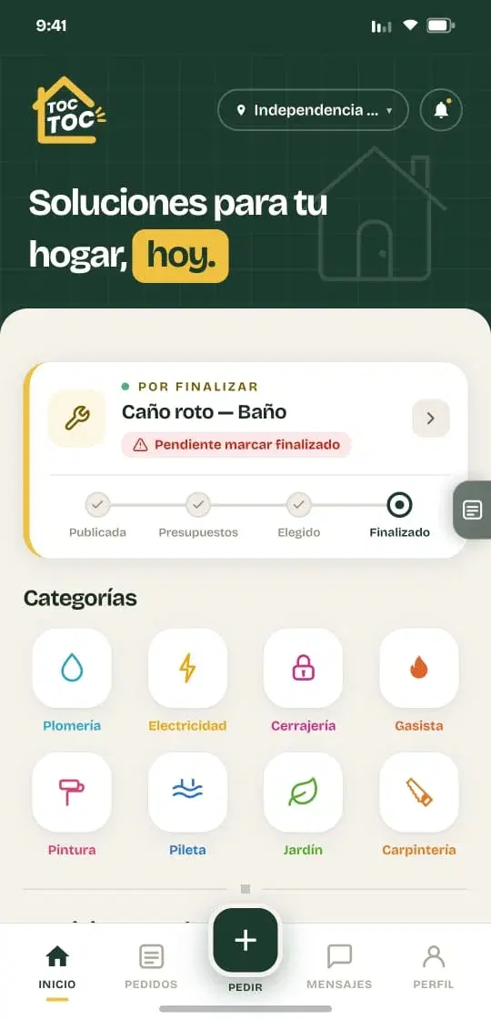 App TocToc: pantalla de inicio con categorías y solicitud urgente